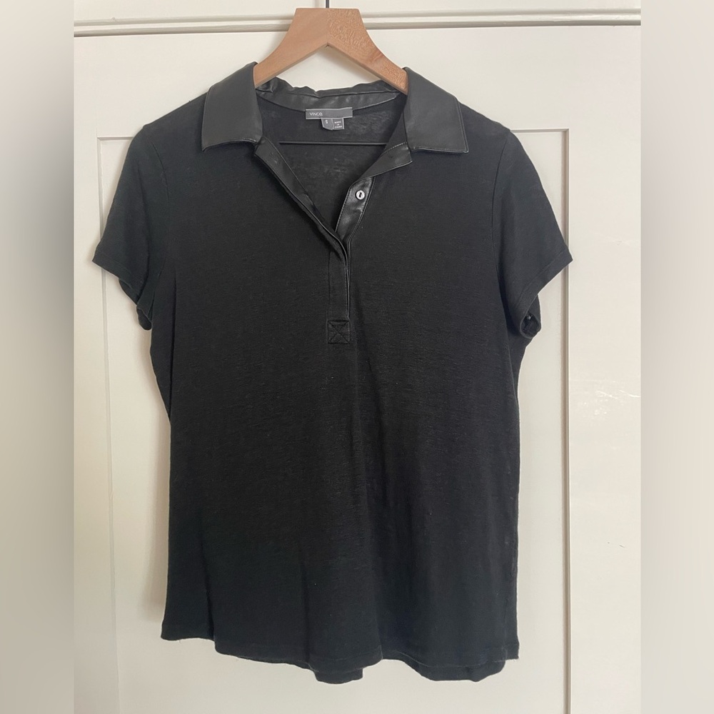 Vince Black Linen Polo with Faux Leather Trim